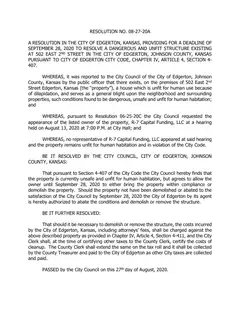 First page of Resolution No. 08-27-20A, the City’s copy