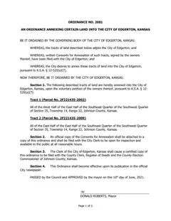First page of Ordinance No. 2081, the City’s copy