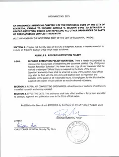 First page of Ordinance No. 2115, the City’s copy