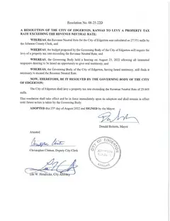 First page of Resolution No. 08-25-22D, the City’s copy