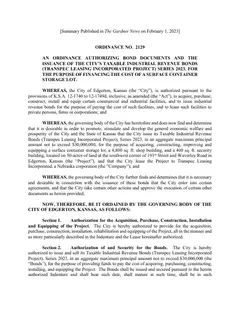 First page of Ordinance No. 2129, the City’s copy