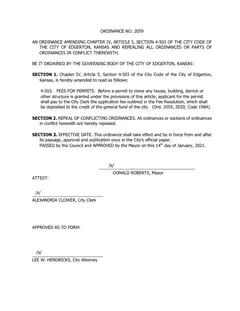 First page of Ordinance No. 2059, the City’s copy