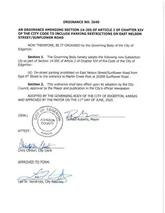 First page of Ordinance No. 2040, the City’s copy