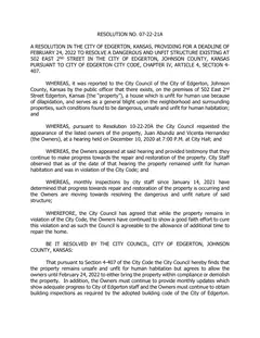 First page of Resolution No. 07-22-21A, the City’s copy