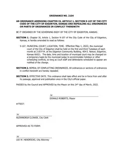 First page of Ordinance No. 2104, the City’s copy