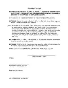 First page of Ordinance No. 2085, the City’s copy