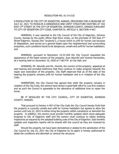First page of Resolution No. 01-14-21D, the City’s copy
