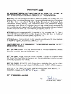 First page of Ordinance No. 2160, the City’s copy